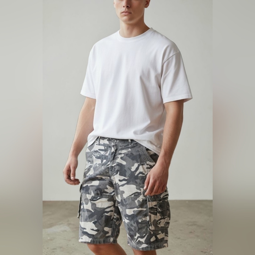 Kilburne Finch Shorts Mens 48 Gray White Snow Camo Cargo Canvas Baggy Utility